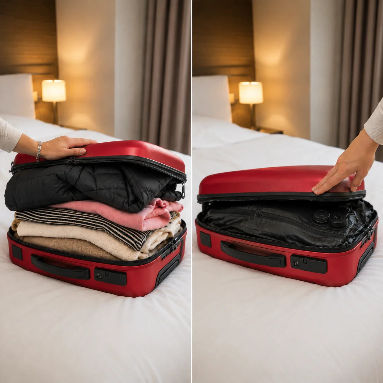 Avant/après : valise rouge débordante vs sac HIVizio compressé à plat — 15 cm réduits à 4 cm