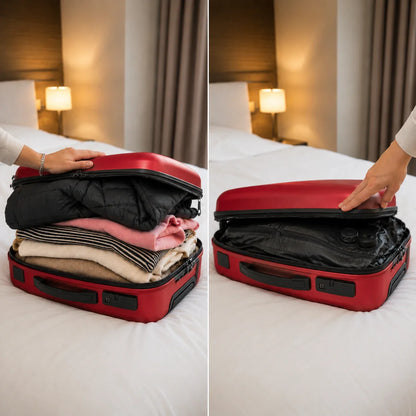 Avant/après : valise rouge débordante vs sac HIVizio compressé à plat — 15 cm réduits à 4 cm