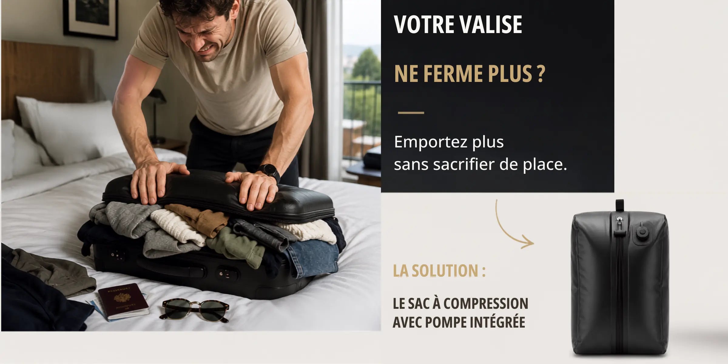 Hero accueil desktop : valise qui ne ferme plus vs sac compression pompe intégrée