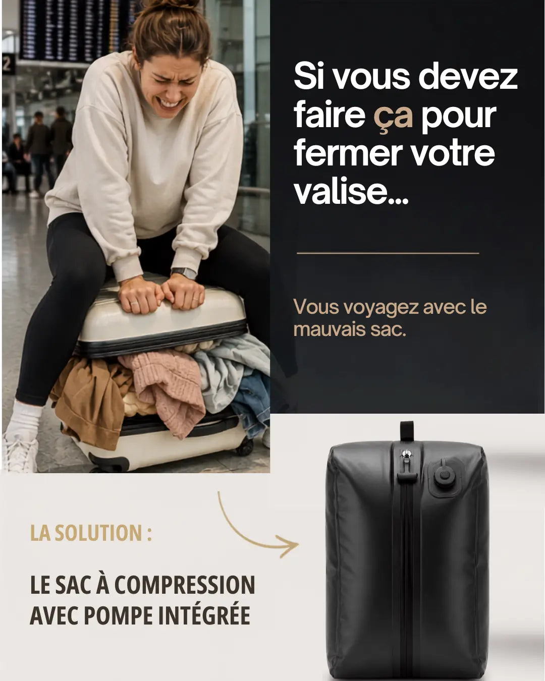 Hero accueil mobile : valise qui ne ferme plus vs sac compression pompe intégrée