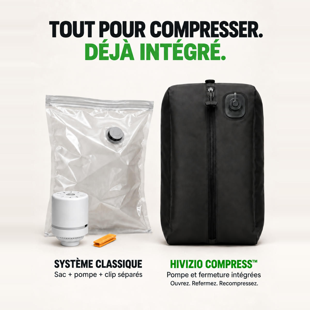 Comparatif : système sous vide classique, avec sac, pompe et clip séparés, face au sac HIVizio Compress dont la pompe et la fermeture sont intégrées — ouvrez, refermez, recompressez.