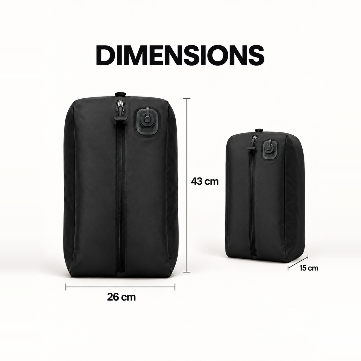 Dimensions du sac HIVizio Compress 20 L : 43 cm de haut, 26 cm de large, 15 cm d'épaisseur. Un seul format, montré de face puis de trois quarts.