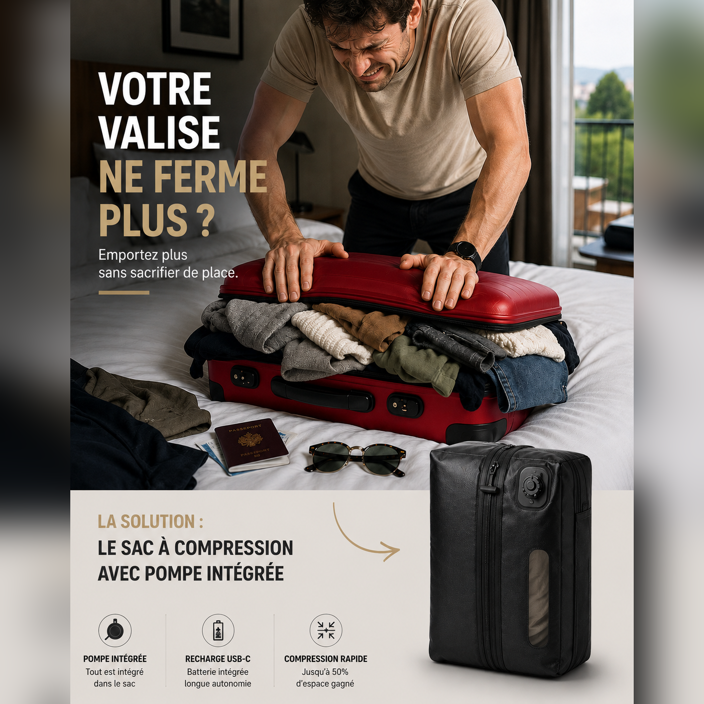 Homme qui force sur une valise rouge trop pleine — le sac de compression HIVizio Compress presente comme solution
