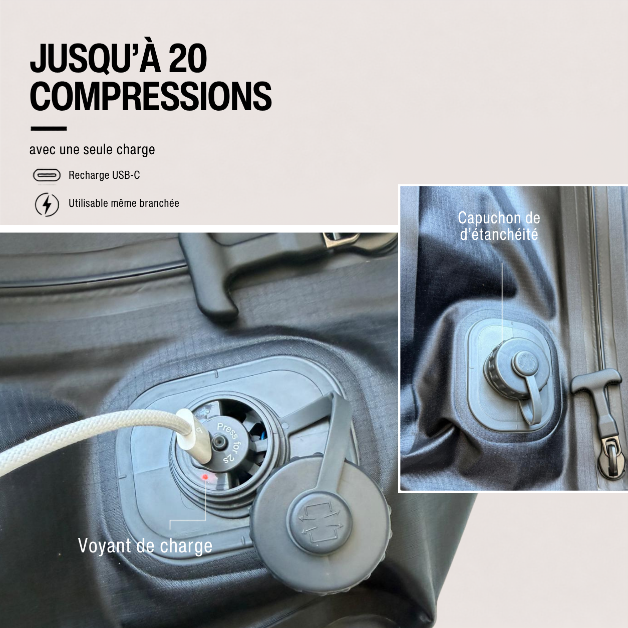 Voyant de charge et capuchon d'etancheite de la pompe HIVizio — jusqu'a 20 compressions avec une seule charge USB-C