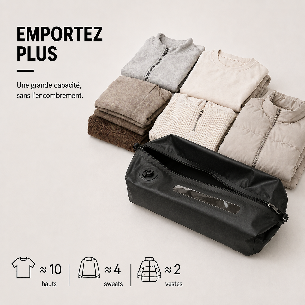 Sac HIVizio Compress 20 L ouvert devant une pile de sweats et de vestes — environ 10 hauts, 4 sweats ou 2 vestes