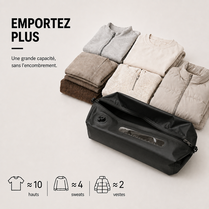 Sac HIVizio Compress 20 L ouvert devant une pile de sweats et de vestes — environ 10 hauts, 4 sweats ou 2 vestes