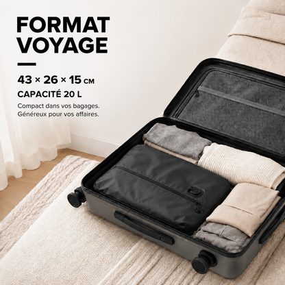 Sac HIVizio Compress range dans une valise cabine — format voyage 43 x 26 x 15 cm, capacite 20 L
