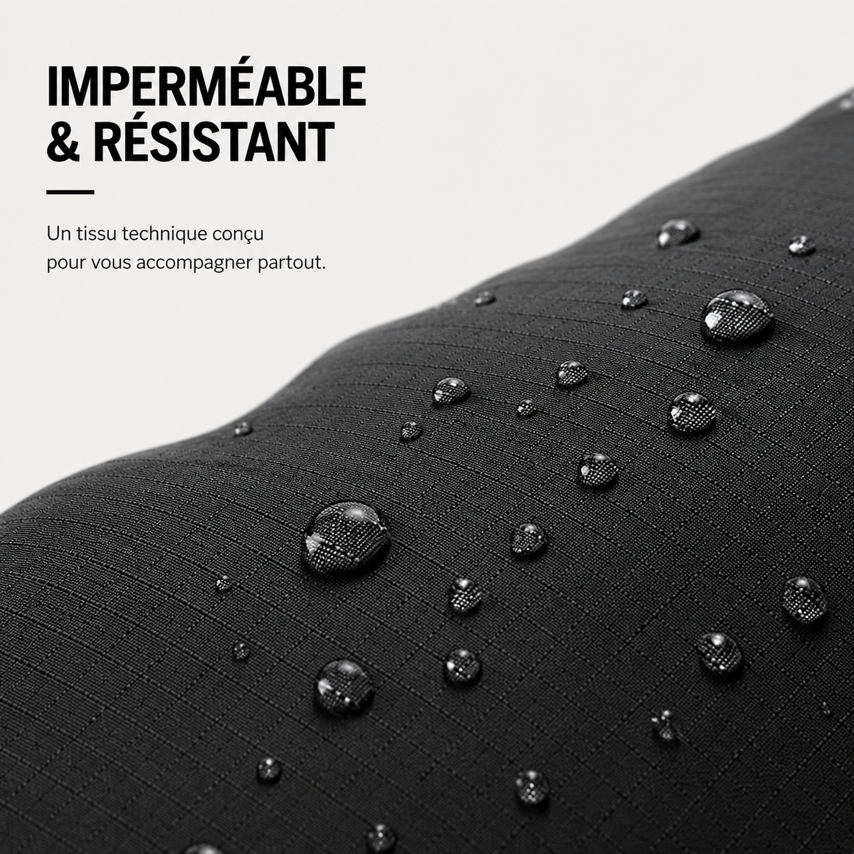 Gouttes d'eau perlant sur le tissu technique impermeable et resistant du sac HIVizio Compress