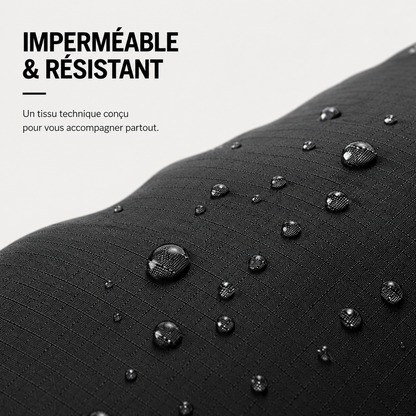 Gouttes d'eau perlant sur le tissu technique impermeable et resistant du sac HIVizio Compress