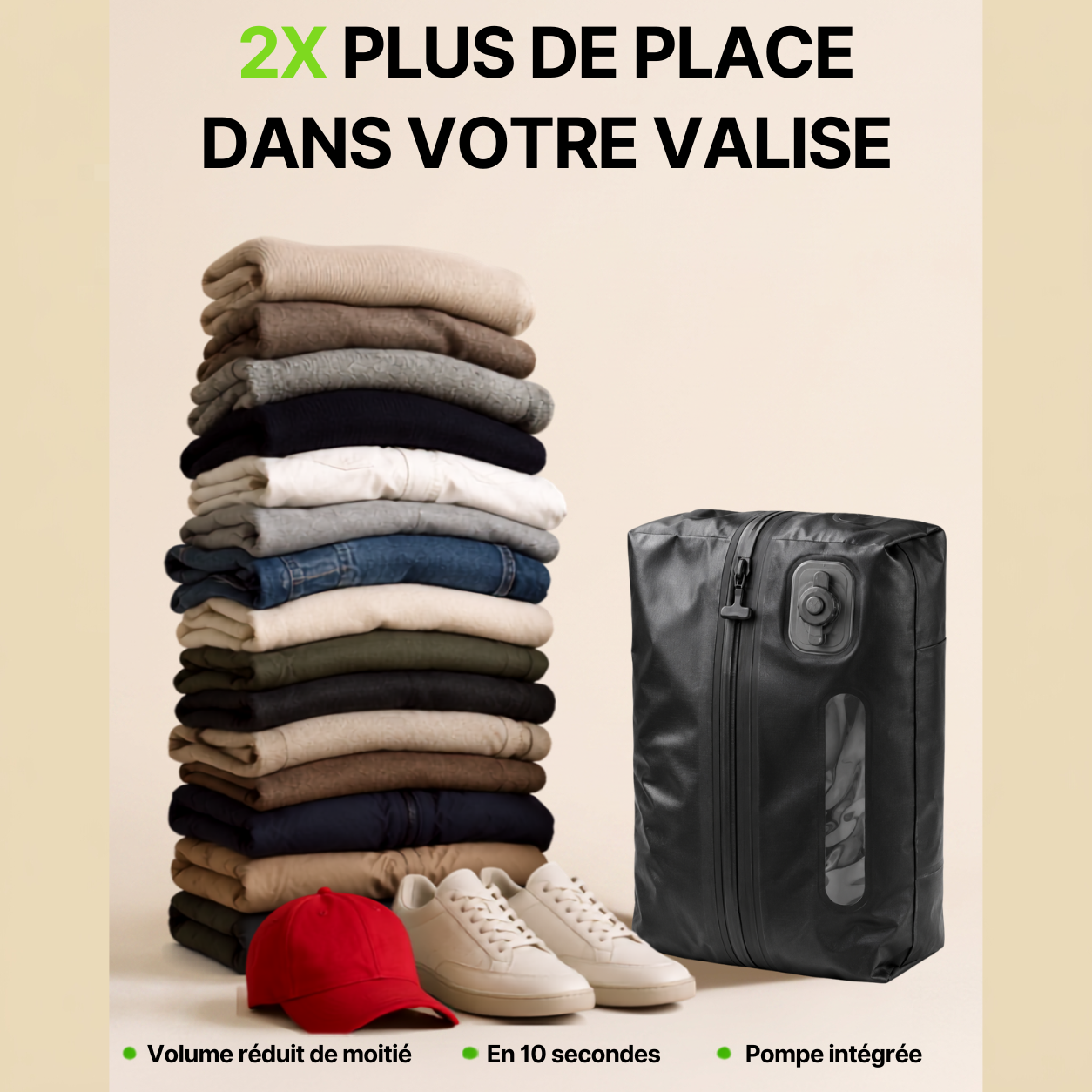 Pile de vetements, casquette et baskets face au sac HIVizio Compress — deux fois plus de place dans votre valise, volume reduit de moitie en 10 secondes