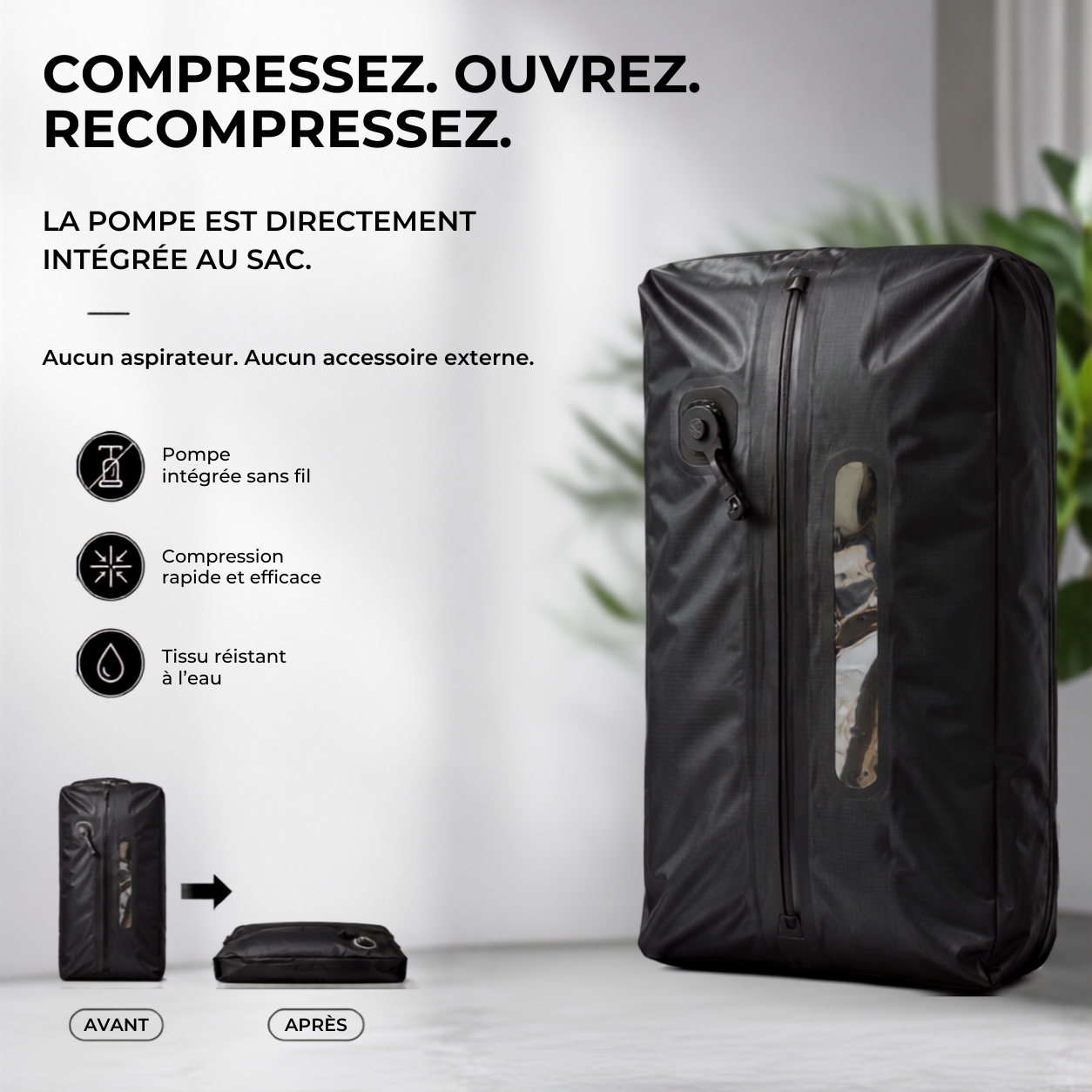 Sac HIVizio Compress 20 L, pompe integree sans fil — compressez, ouvrez, recompressez, sans aspirateur ni accessoire externe ; comparaison avant / apres