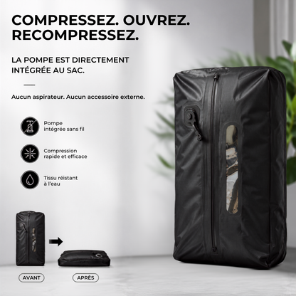 Sac HIVizio Compress 20 L, pompe integree sans fil — compressez, ouvrez, recompressez, sans aspirateur ni accessoire externe ; comparaison avant / apres