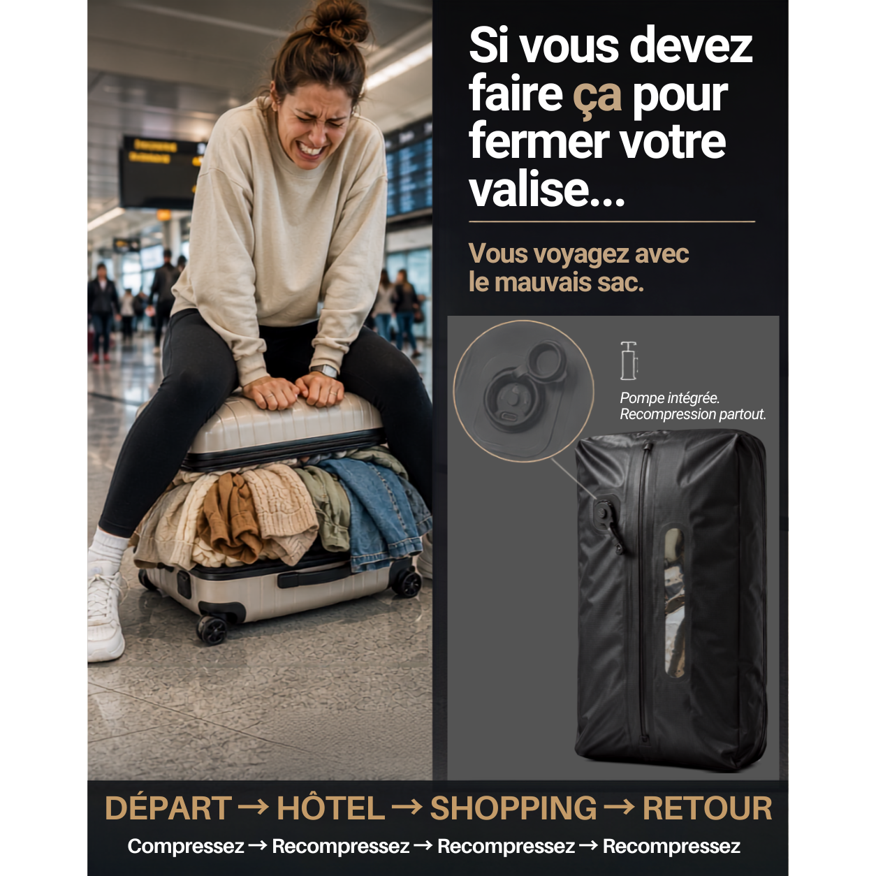 Voyageuse assise sur sa valise pour la fermer dans un aeroport — avec le sac HIVizio Compress on recompresse a chaque etape : depart, hotel, shopping, retour